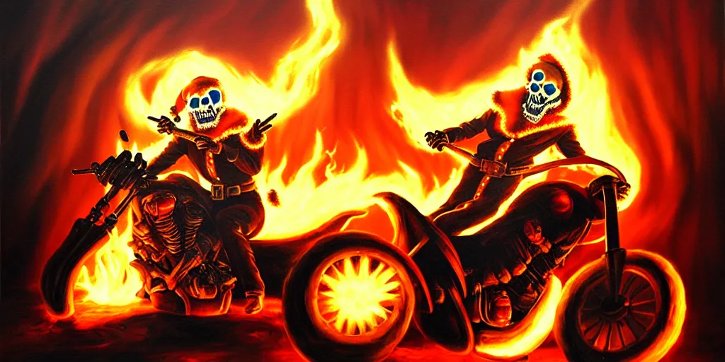 Image similar to ghost rider santa claus have time traveled to warn you from something, dramatic lighting, oil painting