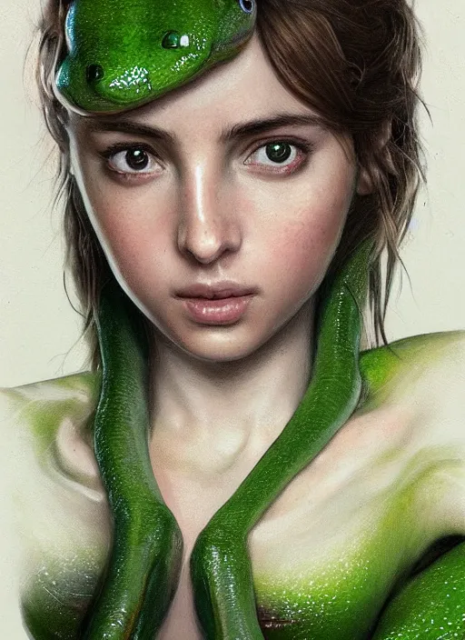 Image similar to hyper realistic portrait of my ethereal waifu cute innocent green slimy alien female froggy lady, played by ana de armas, with adorable uwu eyes painted by greg rutkowski, wlop, 7 0 s scifi