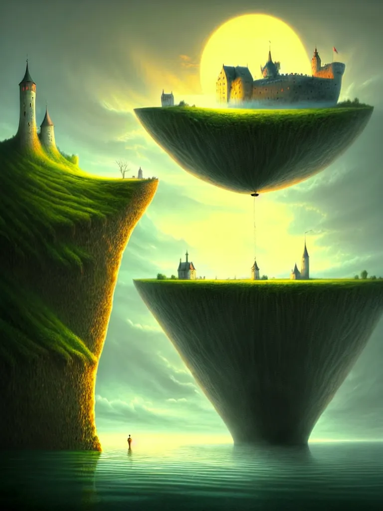 Image similar to gediminas pranckevicius an immense gigantic ornated iron cup with a lake inside, water in excess droping by, boats, castle, sunset, volumetric light, godrays, diorama