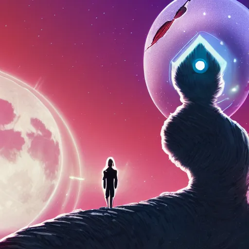 Image similar to A cyborg lady with her cat standing on her shoulders, standing on a cliff looking down at a futuristic city, with the atmosphere colored pale red, with dust particles and grains of wind blowing, and the moon is closely seen in the sky.