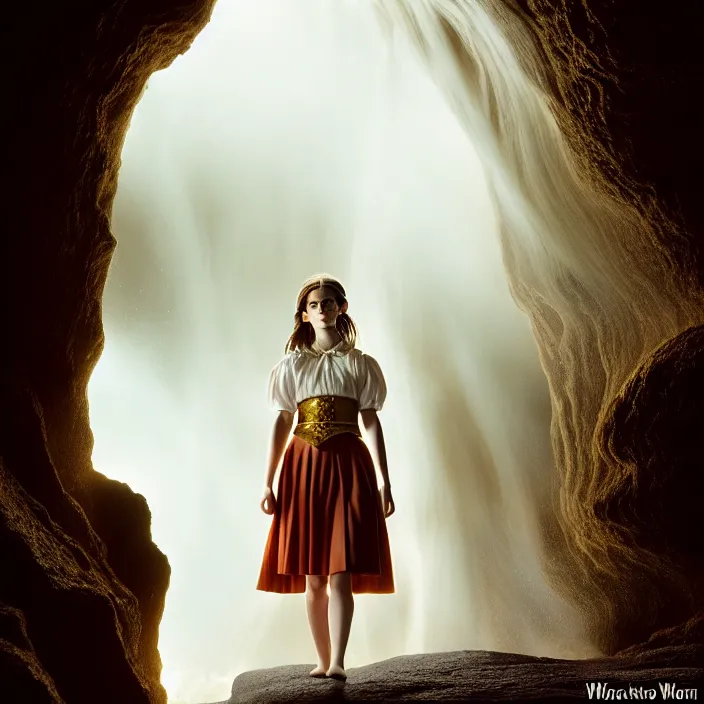 Image similar to Kodak Portra 400, 8K, soft light, volumetric lighting, highly detailed, Rena Nounen style 3/4 ,portrait photo of Emma Watson as Hermione Granger by WLOP, the face emerges from a lava flowing gold travertine terraces with lotus flowers, inspired by Ophelia paint , a beautiful luxurious fully clothed, hair is intricate with highly detailed realistic beautiful flowers , Realistic, Refined, Highly Detailed, ethereal lighting colors scheme, outdoor fine art photography, Hyper realistic, photo realistic, masterpiece