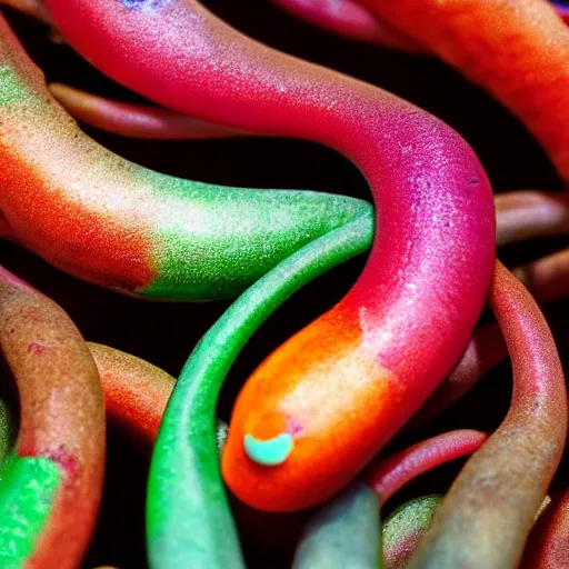 Image similar to colorful slugs intertwining, hd closeup, nature photography, featured