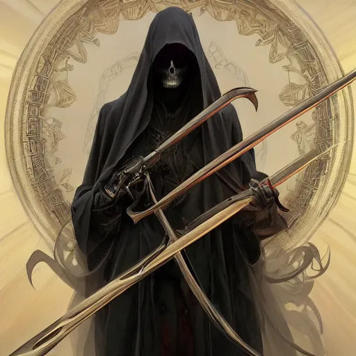 Prompt: the grim reaper, dark fantasy, intricate, huge elaborate scythe, elegant, highly detailed, digital painting, artstation, concept art, wallpaper, smooth, sharp focus, illustration, art by artgerm and greg rutkowski and alphonse mucha