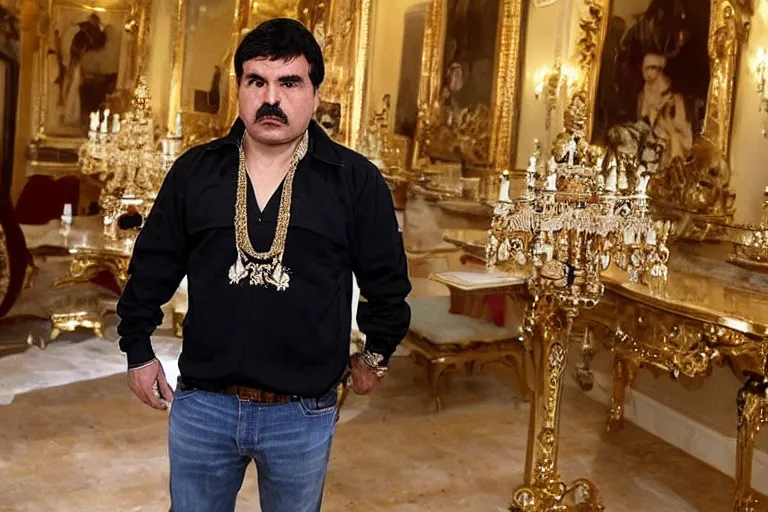 Image similar to el chapo standing in the middle of a grandiose mexican mansion. everything is made out of gold. el chapo is sipping on wine. the mansion is incredible and ornate. chapo has a clockwork chain. there are princesses and queens everywhere around him