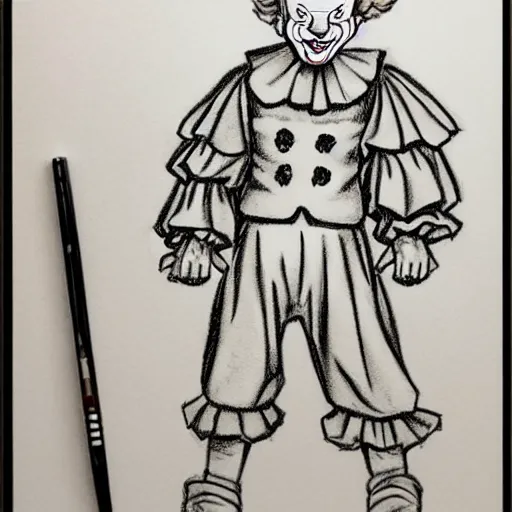Image similar to pennywise in court. pencil court sketch. intricate. highly professionally detailed.