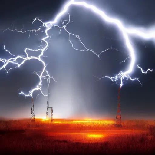 Image similar to power transformer exploding from lightning strike, digital painting, 8 k, dynamic lighting