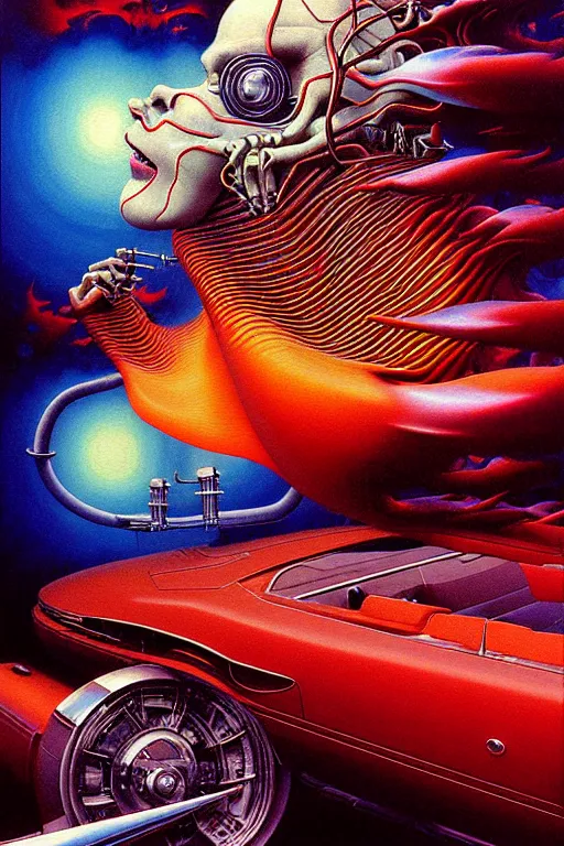 Image similar to a hyperrealistic painting of a sharp futuristic hotrod vehicle with chrome pipes and engine scoops shooting out fire, cinematic horror by chris cunningham, lisa frank, richard corben, highly detailed, vivid color, beksinski painting, part by adrian ghenie and gerhard richter. art by takato yamamoto. masterpiece