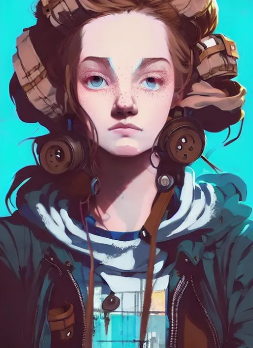 Image similar to highly detailed portrait of a sewer punk young woman, blue eyes, tartan hoody, ringlet hair by atey ghailan, by greg rutkowski, by greg tocchini, by james gilleard, by joe fenton, by kaethe butcher, gradient pink, brown, light blue and white color scheme, grunge aesthetic!!! ( ( graffiti tag wall background ) )