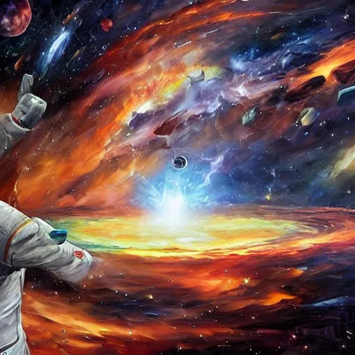 Image similar to A photograph. A rip in spacetime. Did this device in her hand open a portal to another dimension or reality?! by Peter Elson, by Leonid Afremov CGI