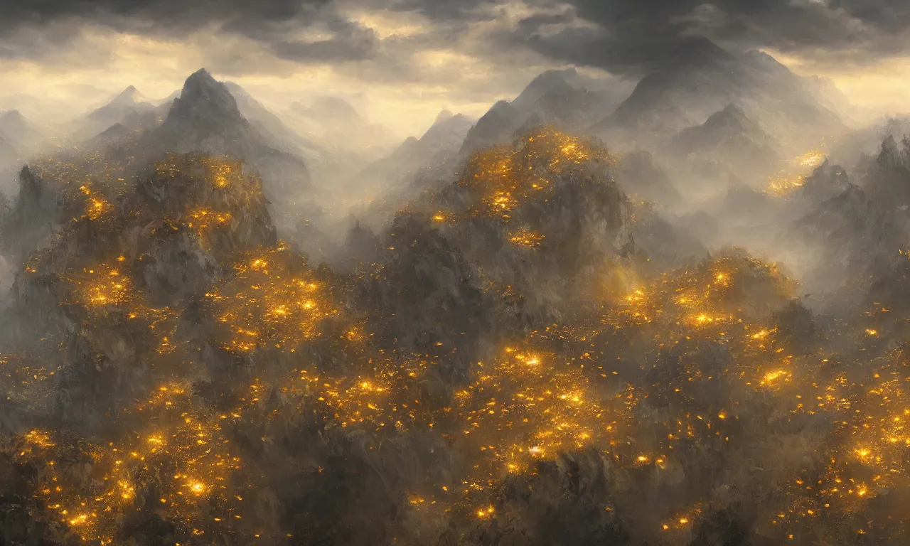 Image similar to breathtaking detailed digital painting of an aerial view of luxurious nature, mountains rocks at dawn with intricate ribbons and golden petals flying, with moody dark tumultuous clouds, by dao trong le, artstation, concept art, matte, 8 k,