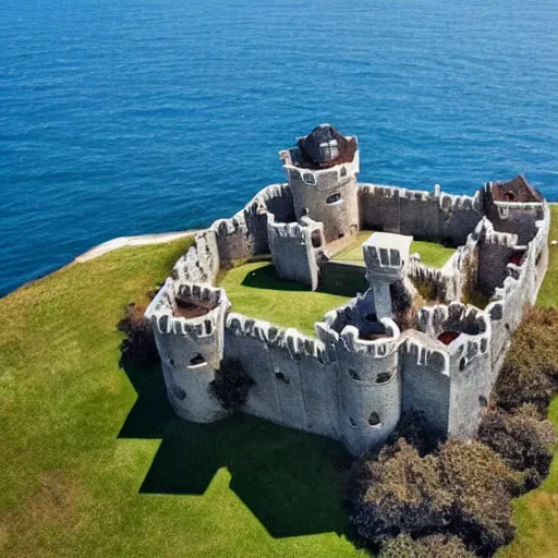 Image similar to aerial view of a punisher fortress from above on a hill by the ocean. castle shaped shaped exactly like the punisher symbol detailed