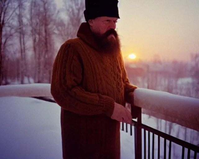 Image similar to lomographic tarkovsky film still of 4 0 years russian man with beard and sweater standing on small hrushevka 9 th floor balcony full with cigarette smoke in winter taiga looking at sunset, cinestill, bokeh