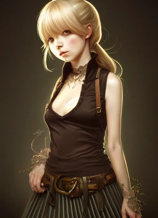 Image similar to portrait of a full body of beautiful young female detective, d & d, sleeveless turtleneck, pleated skirt, fantasy, flat lighting, intricate, highly detailed, digital painting, artstation, concept art, smooth, sharp focus, illustration, misa amane, art by simon bisley and greg rutkowski and alphonse mucha, natural tpose