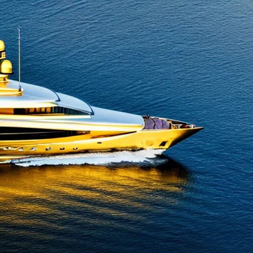 Prompt: wrinkled old man polishing the side of a gold plated mega yacht