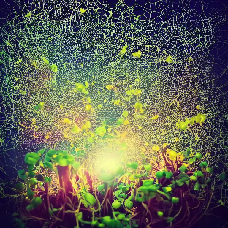 Image similar to double exposure of dally life, symbols of live, explosion, different sprouts and microgreens on mushrooms, cyber mushroom city, mushroom matrix, love is the most relevant theme, 8 k resolution, artistic mode, artistic, trending on instagram, long exposure, love art, serious, fantasy and dreams vibes, mushrooms style and macro style, spring vibes in twilight or sunset lights