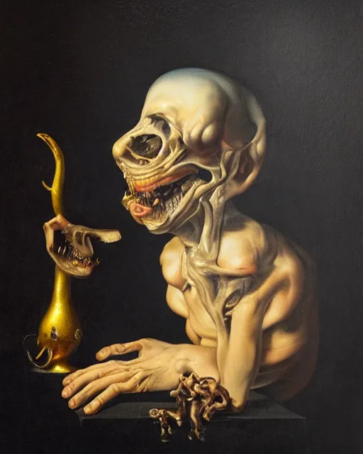 Image similar to refined gorgeous blended oil painting with black background by christian rex van minnen rachel ruysch dali todd schorr of a chiaroscuro portrait of an extremely bizarre disturbing mutated man with shiny skin acne dutch golden age vanitas intense chiaroscuro cast shadows obscuring features dramatic lighting perfect composition masterpiece