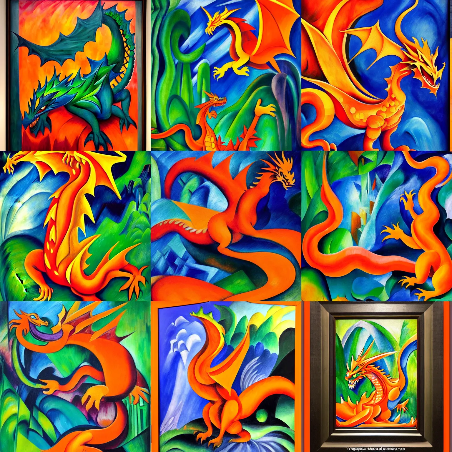 Prompt: a full body oil painting of a hyperdetailed orange dragon in the waterfall gardens by ( ( franz marc ) ), shattered, orphism style, cubism, shadow gradient, high contrast, high detail, masterpiece art, framed