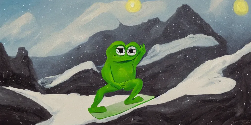 Prompt: pepe the frog snowboarding, gloomy landscape, oil painting by christopher radlund