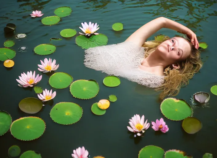 Image similar to face is emerging from the water Kodak Portra 400, 8K, soft light, volumetric lighting, highly detailed, britt marling style 3/4, photo close-up portrait of extreme beautiful girl floating in water surrounded by lily pads, half face in the water, a beautiful lace dress and hair are intricate with highly detailed realistic beautiful flowers , Realistic, Refined, Highly Detailed, natural outdoor soft pastel lighting colors scheme, outdoor fine art photography, Hyper realistic, photo realistic