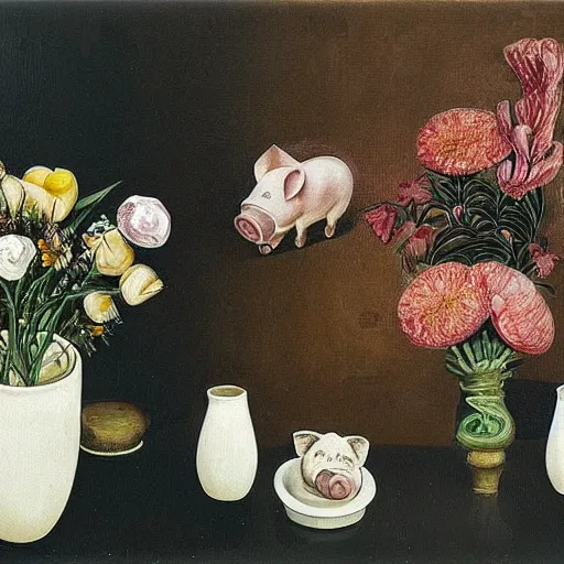 Prompt: “a portrait in an art student’s apartment, feminine pigs as flowers in an elaborate dramatic flower arrangement, pork, ikebana white flowers, white wax, squashed berries, acrylic and spray paint and oilstick on canvas, by munch and Dali”