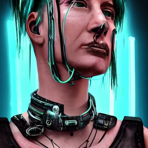 Image similar to detailed realistic cyberpunk female character cyberpunk wearing large steel collar around neck, realistic, art, beautiful, 4K, collar, choker, collar around neck, punk, artstation, detailed, female, woman, choker, cyberpunk, neon, punk, collar, choker, collar around neck, thick collar, choker around neck, wearing choker, wearing collar, bright neon punk hair, collar, choker,