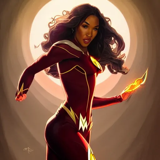 Image similar to Candice Patton as Flash, western, D&D, fantasy, intricate, elegant, highly detailed, digital painting, artstation, concept art, matte, sharp focus, illustration, art by Artgerm and Greg Rutkowski and Alphonse Mucha