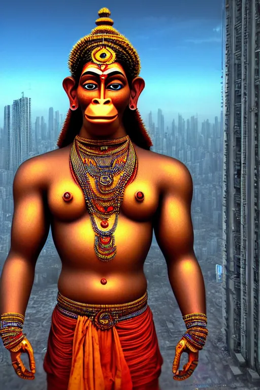 Image similar to high quality 3 d render hyperrealistic cyborg!! hanuman! madhubani, highly detailed, cyberpunk mumbai in the background, unreal engine cinematic smooth, in the style of solaris, hannah yata charlie immer, moody light, low angle, uhd 8 k, sharp focus
