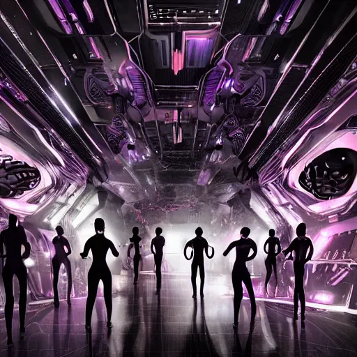 Image similar to ultra realist soft painting render of the inside of a futuristic nightclub, beautiful cyberwear armored cyborg dancers, crowded silhouettes, symmetry accurate features, very intricate details, black white red purple color palette, masterpiece award winning, cinematic lighting, focus, tom bagshaw artstyle