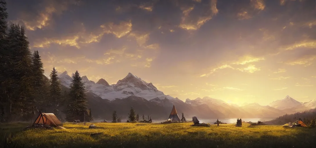 Prompt: beautiful render of a sunset landscape, unreal engine, first light, majestic snowy mountains, lake, lush grass, dramatic clouds, teepee, village, campfire, soft light, by greg rutkowski, cgsociety