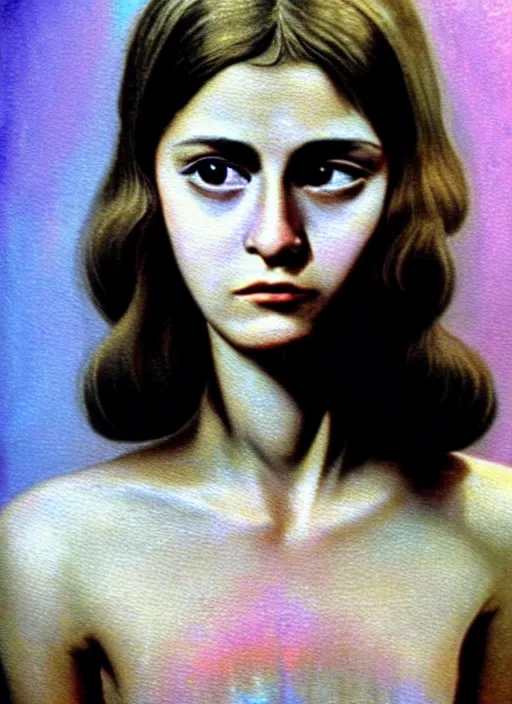 Image similar to 1971 film still from an Italian drama film of a young French actress as the goddess of razor blades. ultra detailed painting at 16K resolution and amazingly epic visuals. epically beautiful image. amazing effect, image looks gorgeously crisp as far as it's visual fidelity goes, absolutely outstanding. vivid clarity. ultra. iridescent. mind-breaking. mega-beautiful pencil shadowing. beautiful face. Ultra High Definition. godly shading. amazingly crisp sharpness. photorealistic film cel processed twice..