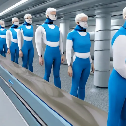 Image similar to group of identical athletic humans with light blue neoprene suits and white hair standing in a line on a conveyor belt, background of advanced futuristic laboratory, sci - fi, highly detailed, hyperrealistic