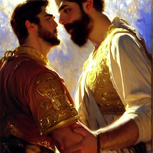 Image similar to attractive fully clothed king confesses his love for his attractive fully clothed male prince. highly detailed painting by gaston bussiere, craig mullins, j. c. leyendecker