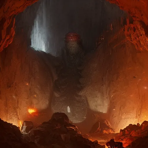 Image similar to A portrait of a magma golem inside a cave, art by greg rutkowski, matte painting, trending on artstation, very detailed