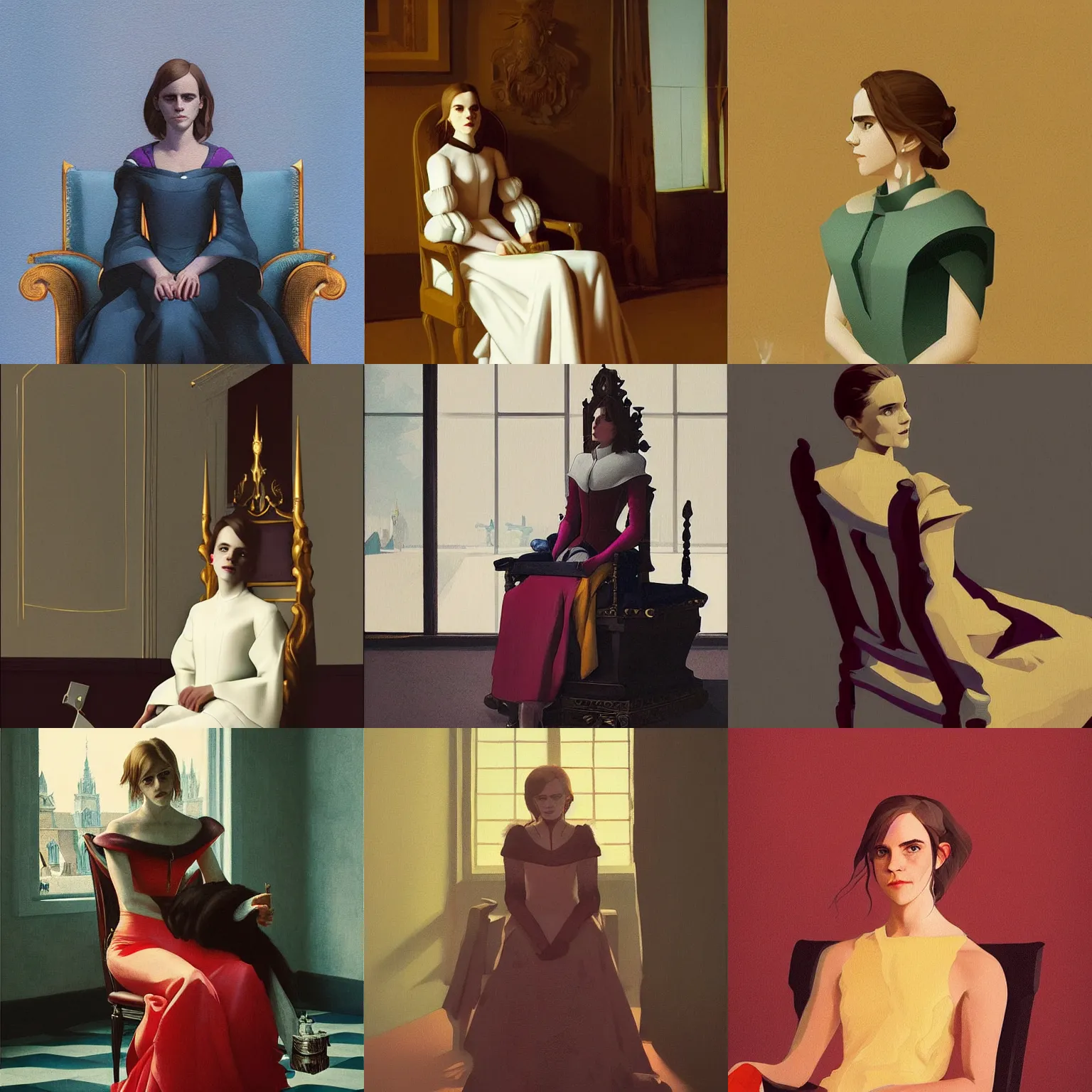 Prompt: Emma Watson sitting on queens throne evil smile by moebius and atey ghailan by james gurney by vermeer by George Stubbs trending on artstation