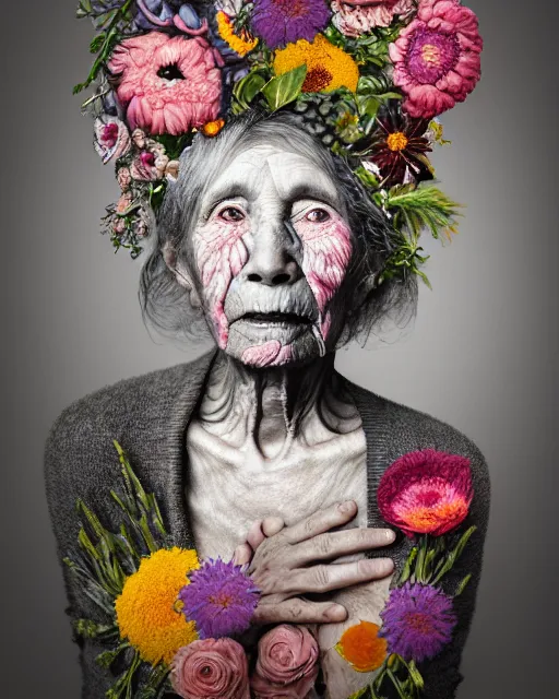 Image similar to a portrait of a fleshy old woman covered in flowers in the style of guiseppe arcimboldo and james jean, covered in wispy gray hair with a hint of neon, hd 3 d, cinematic shot, volumetric lighting, 8 k