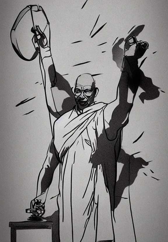 Prompt: Ghandi doing a ted talk in the style of Artgerm Ross Draws and Mike Mignola, hard shadows, strong rim light, comic cover art