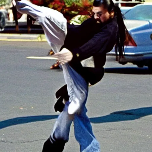 Prompt: steven seagal roundhouse kick child, in the style of daily news