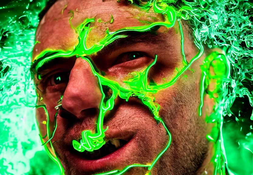 Image similar to a ultra realistic photograph of a man's face being melted off with oozing neon green and white honey
