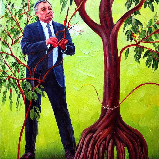 Image similar to viktor orban pruning a tree, oil painting