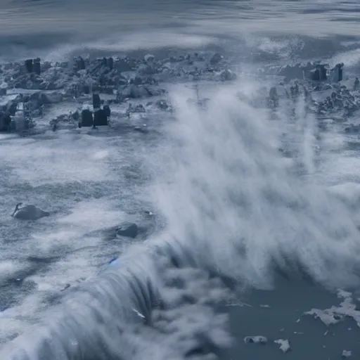 Prompt: 1 0 0 m high tsunami wave hits a city, highly detailed, 3 d octane render, epic lighting