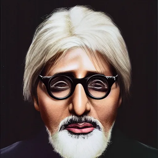 Image similar to realistic expired kodak film portrait of albino amitabh bachchan, hyperrealism, photorealistic, detailed, atmospheric, 8 k, award winning photography, cinematic