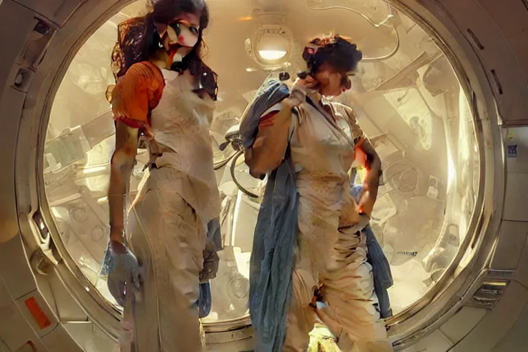 Image similar to Exhausted good looking pale young Indian doctors wearing jeans in a space station above Earth performing surgery, portrait, elegant, intricate, retrofuturistic digital painting, artstation, concept art, smooth, sharp focus, illustration, art by artgerm and greg rutkowski and alphonse mucha