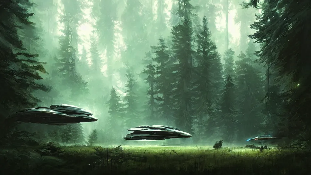 Image similar to a spaceship lost in the forest, detailed digital art by greg rutkowski.