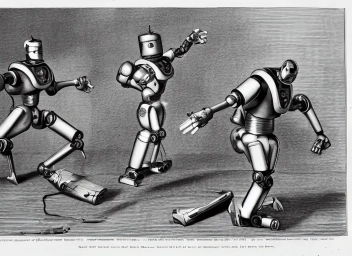 Image similar to action shot of a robot from 1 8 5 6 in the style of pixar 3 d animation