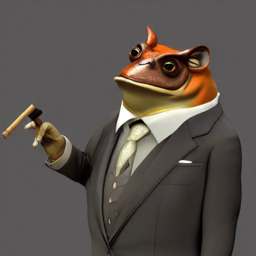 Image similar to a high quality photo of an antropomorphic mafia frog wearing a suit smoking a cigar, 3d scene, render, ultra realistic, artstation, cgsociety