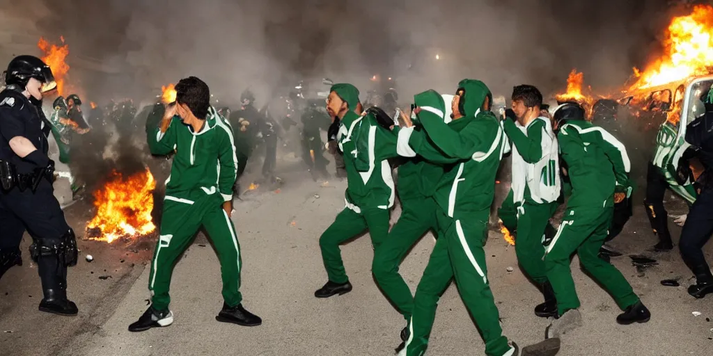 Image similar to photo of young men wearing green and white tracksuits fighting cops in a riot with burning cars, mid shot, editorial photography, night