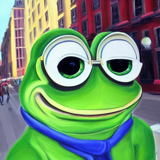 Image similar to pepe the frog is depressed on the streets of new york city, oil painting, realism, high quality, detailed, 4 k