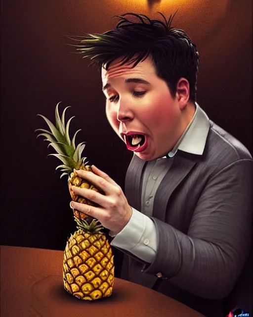 Prompt: Portrait of a drunk Michael Mcintyre eating a pineapple in a nightclub in Porto,real life skin, intricate, elegant, highly detailed, artstation, concept art, smooth, sharp focus, art by artgerm and greg rutkowski and alphonse mucha