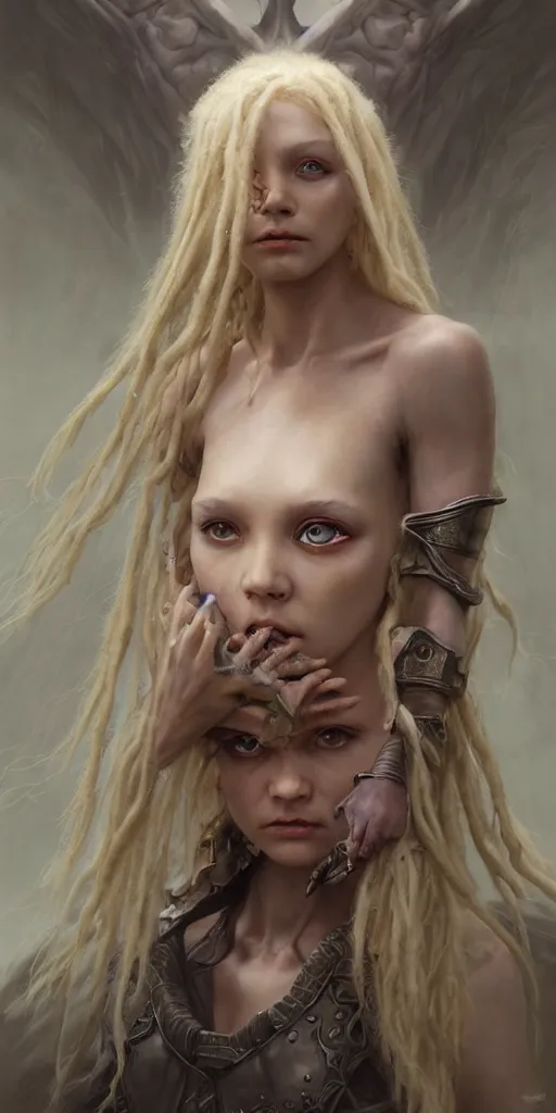 Prompt: fantasy changeling girl with blonde dreadlocks revealing her true nature, staring eyes, dim light, front game card, marvel comics, dark, intricate, highly detailed, smooth, smirking, artstation, digital illustration by ruan jia and mandy jurgens and artgerm and wayne barlowe and greg rutkowski and zdislav beksinski