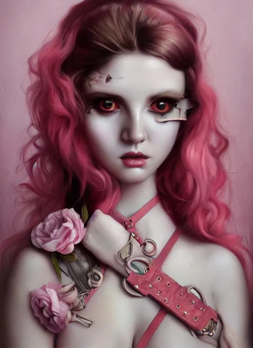 Prompt: pop surrealism, lowbrow art, realistic seductive cute woman painting, pink body harness, hyper realism, muted colours, rococo, natalie shau, loreta lux, tom bagshaw, mark ryden, trevor brown style,